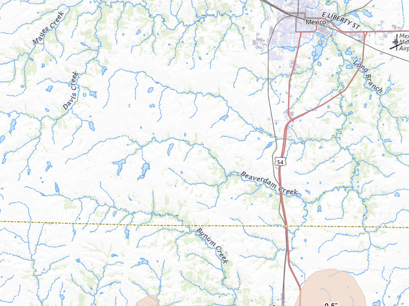 Radar-estimated hail-size map of the storm over Mexico, MO on Jul 10, 2026