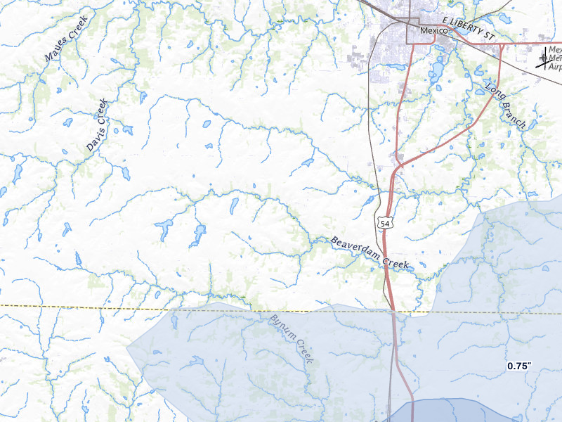 NEXRAD radar-signature map of the hail storm over Mexico, MO on Jul 10, 2026