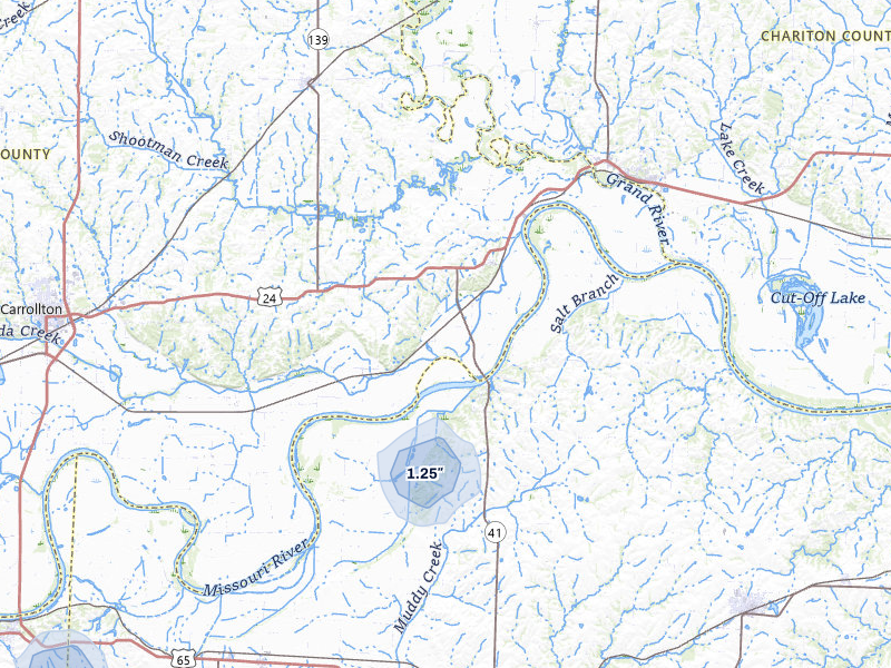 NEXRAD radar-signature map of the hail storm over Miami, MO on Mar 6, 2026
