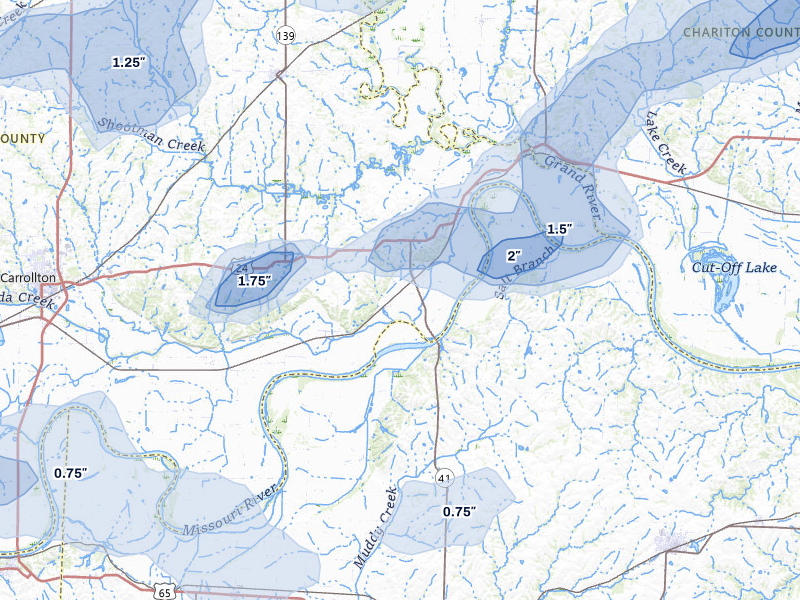 NEXRAD radar-signature map of the hail storm over Miami, MO on Apr 26, 2026