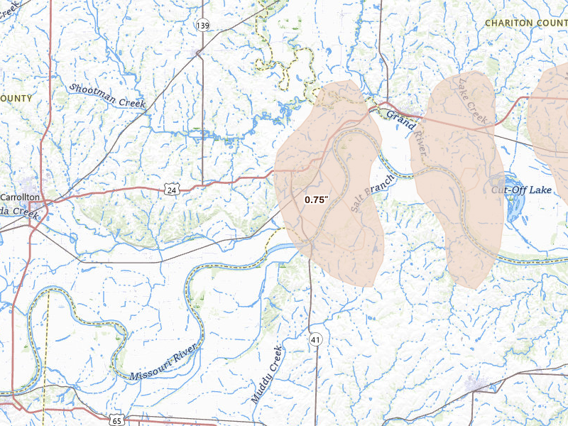 Radar-estimated hail-size map of the storm over Miami, MO on Apr 27, 2026