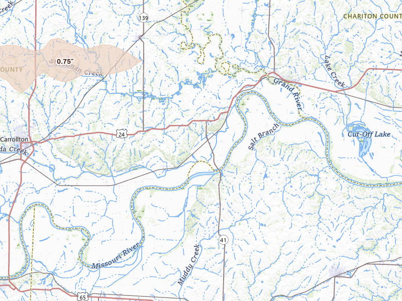 Radar-estimated hail-size map of the storm over Miami, MO on May 4, 2026