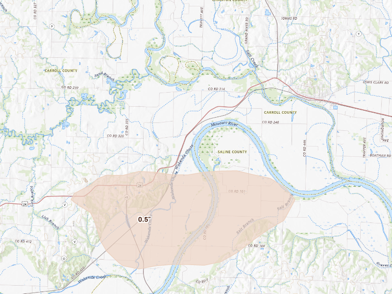 Radar-estimated hail-size map of the storm over Miami, MO