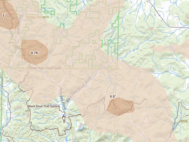 Radar-estimated hail-size map of the storm over Middle Brook, MO on May 31, 2026