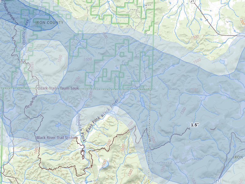 NEXRAD radar-signature map of the hail storm over Middle Brook, MO on May 31, 2026