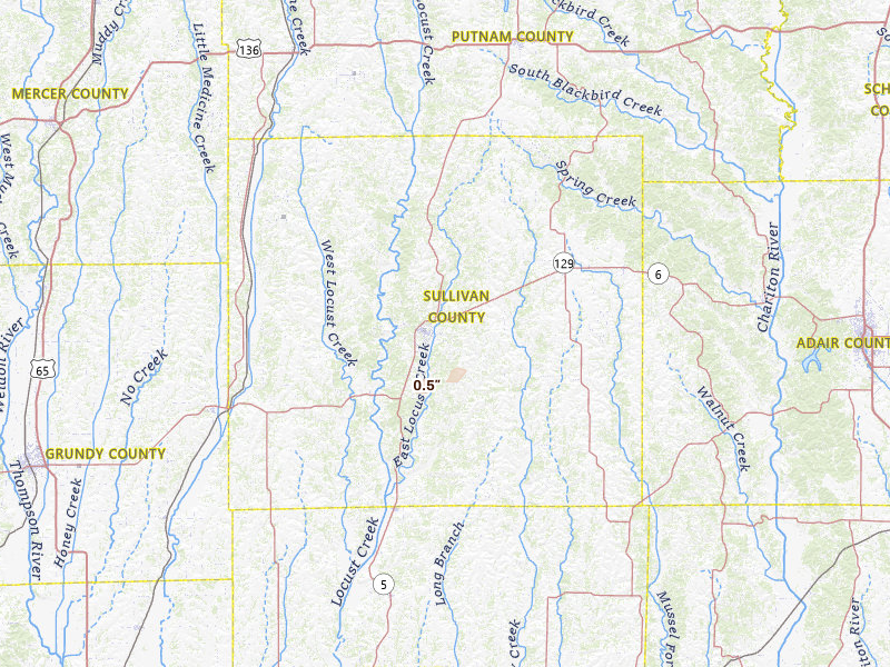 Radar-estimated hail-size map of the storm over Milan, MO on Mar 31, 2026