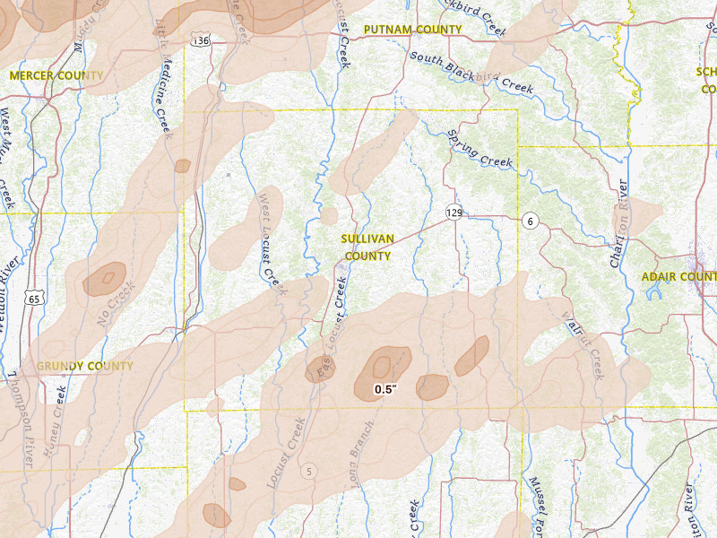 Radar-estimated hail-size map of the storm over Milan, MO on Apr 17, 2026