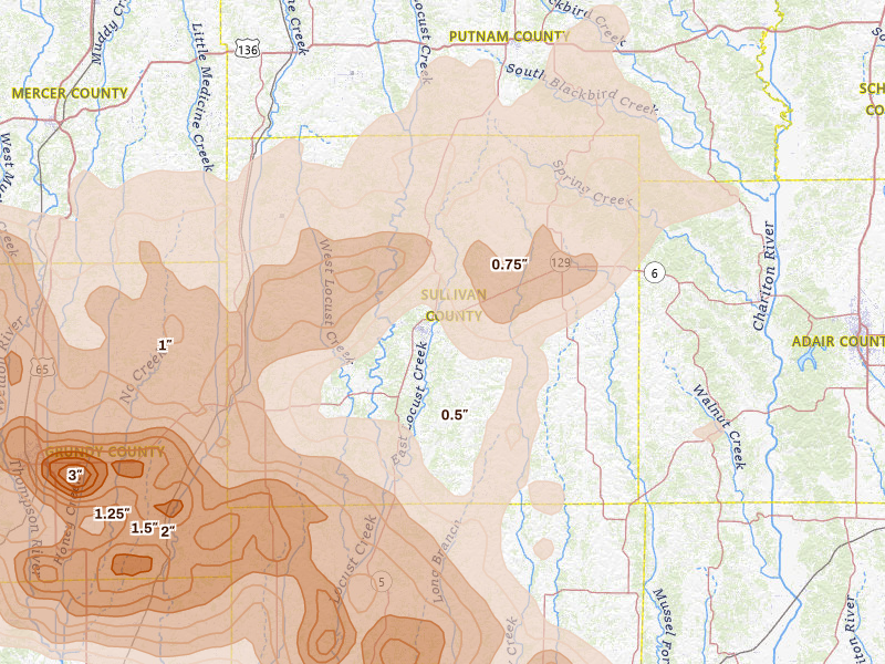 Radar-estimated hail-size map of the storm over Milan, MO on May 16, 2026