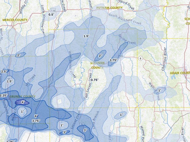NEXRAD radar-signature map of the hail storm over Milan, MO on May 16, 2026