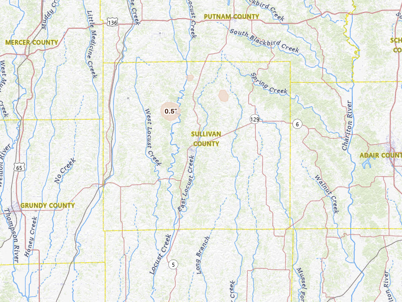 Radar-estimated hail-size map of the storm over Milan, MO on May 18, 2026