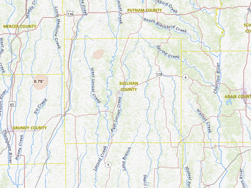 Radar-estimated hail-size map of the storm over Milan, MO on Jun 6, 2026