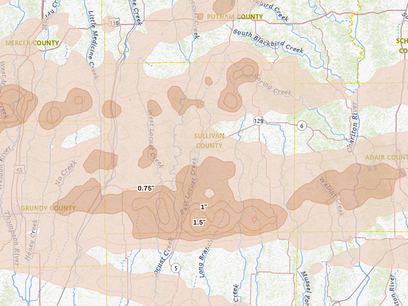 Radar-estimated hail-size map of the storm over Milan, MO on Jun 10, 2026