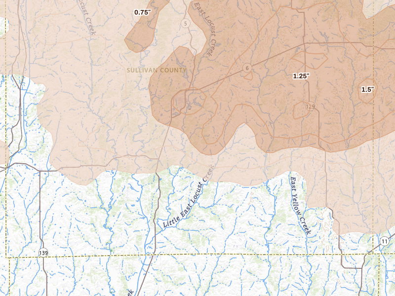 Radar-estimated hail-size map of the storm over Milan, MO on Jun 11, 2026