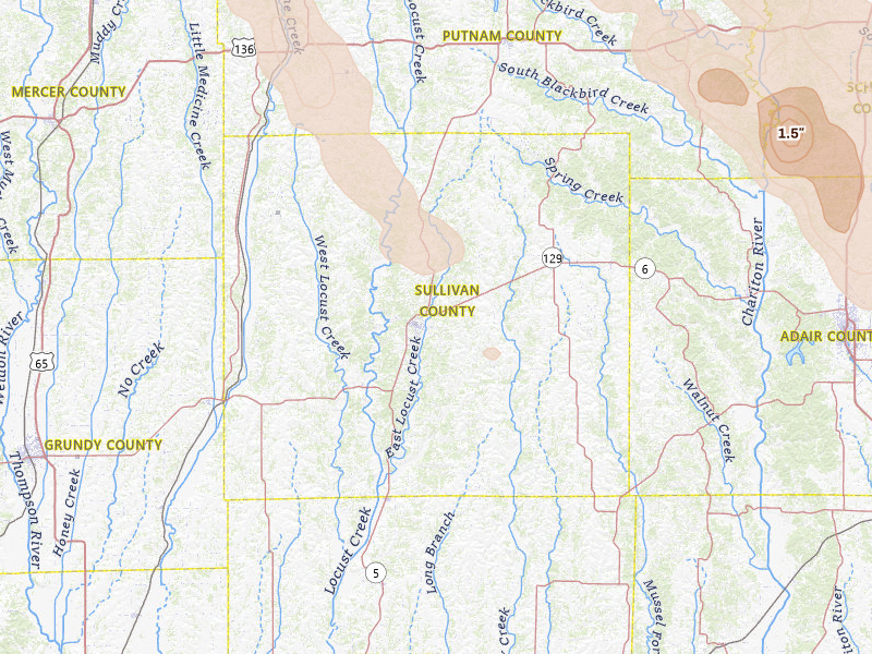 Radar-estimated hail-size map of the storm over Milan, MO on Jul 20, 2026