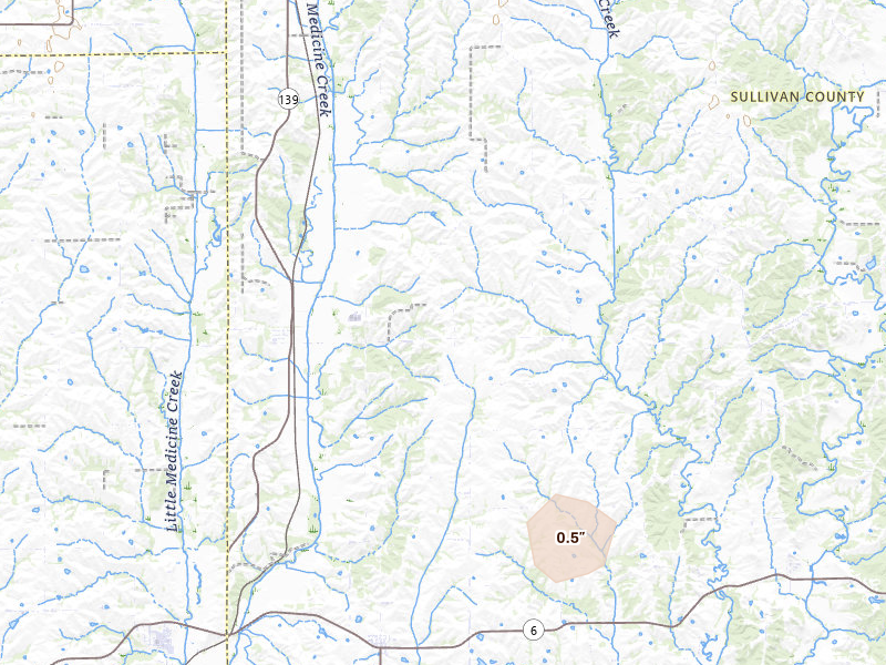 Radar-estimated hail-size map of the storm over Milan, MO on Aug 12, 2026