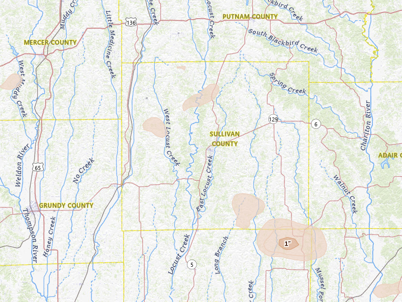 Radar-estimated hail-size map of the storm over Milan, MO on Aug 19, 2026