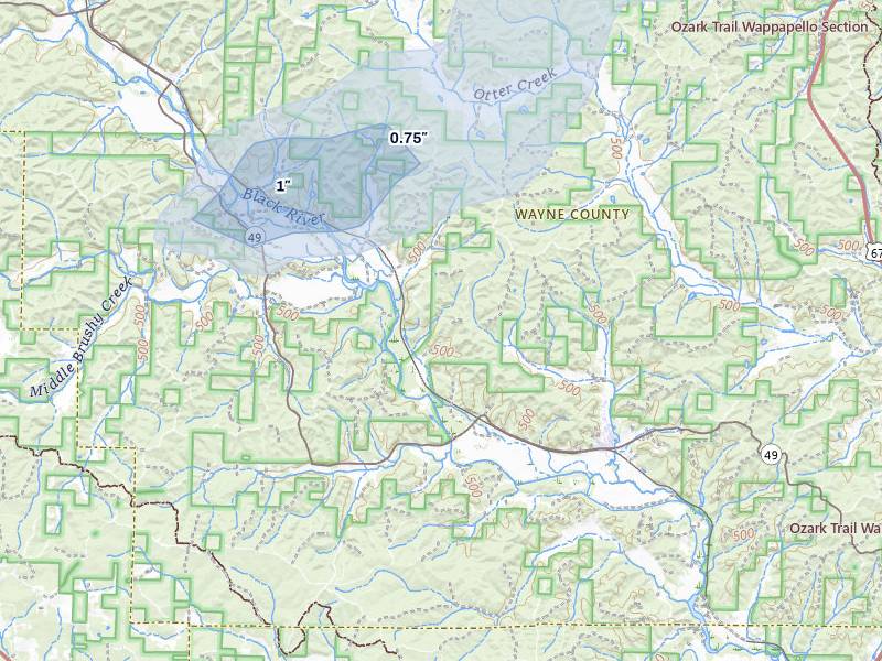 NEXRAD radar-signature map of the hail storm over Mill Spring, MO on Mar 4, 2026