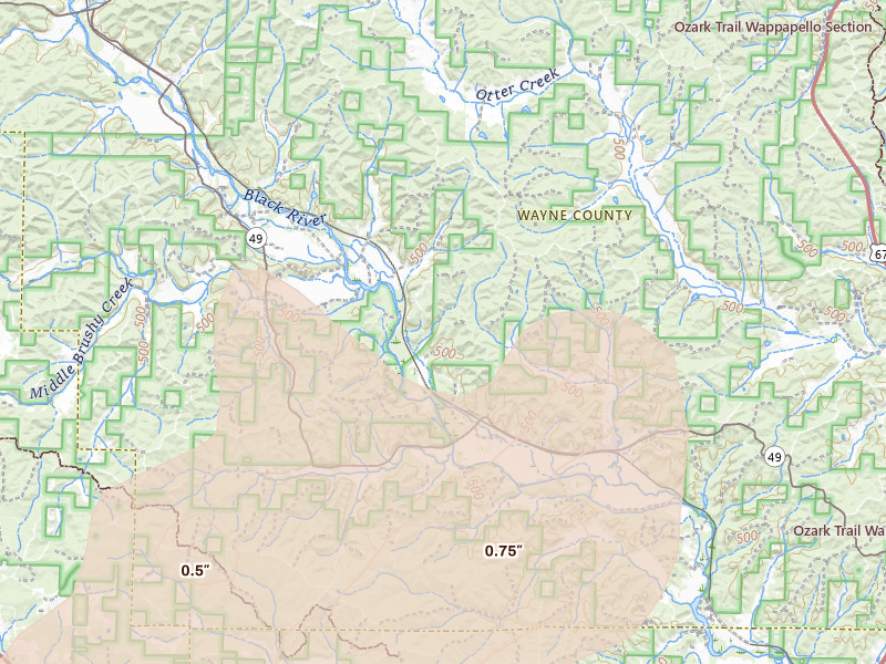 Radar-estimated hail-size map of the storm over Mill Spring, MO on Apr 26, 2026