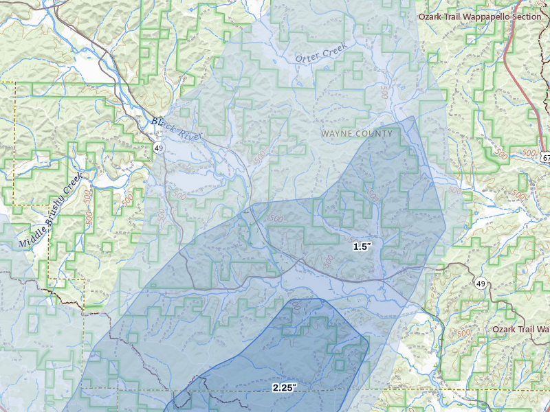 NEXRAD radar-signature map of the hail over Mill Spring, MO