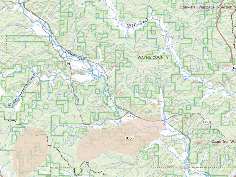 Radar-estimated hail-size map of the storm over Mill Spring, MO on Jun 11, 2026
