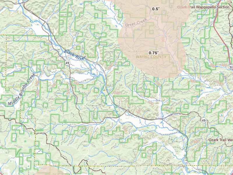 Radar-estimated hail-size map of the storm over Mill Spring, MO on Aug 26, 2026