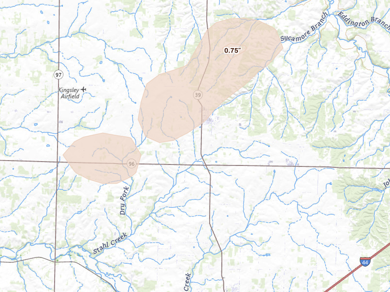 Radar-estimated hail-size map of the storm over Miller, MO on Mar 4, 2026