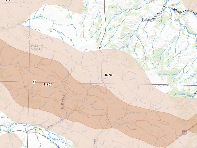 Radar-estimated hail-size map of the storm over Miller, MO on May 30, 2026