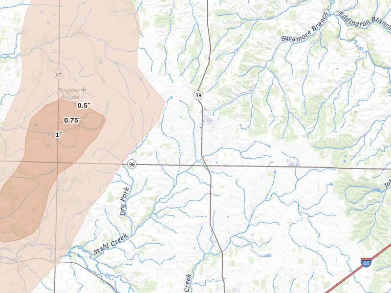 Radar-estimated hail-size map of the storm over Miller, MO on Jul 4, 2026