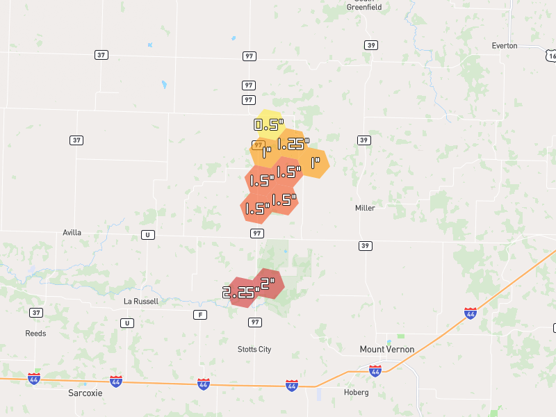 Hail map of Miller, MO on Jul 5, 2026, hail up to 2.25"