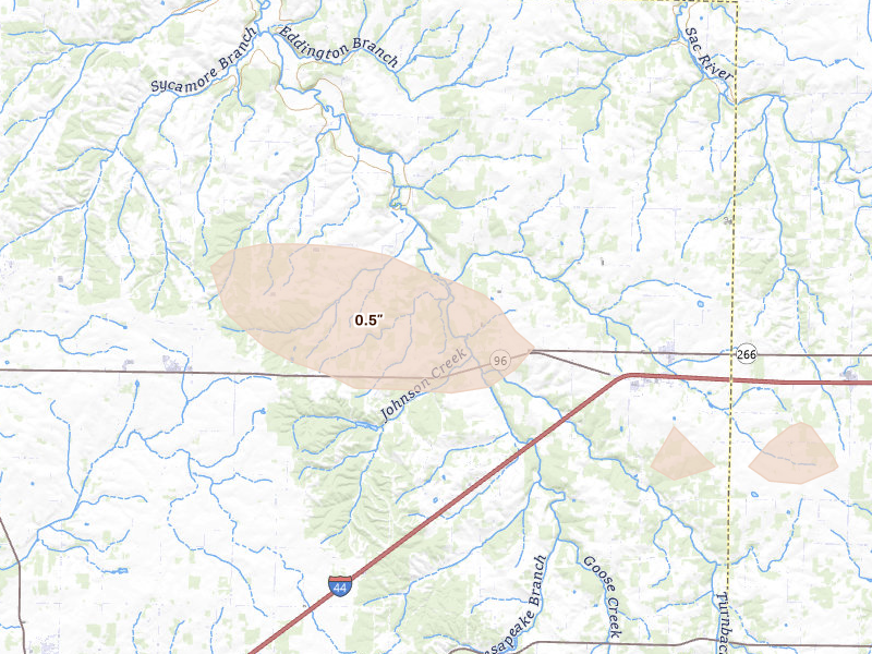 Radar-estimated hail-size map of the storm over Miller, MO on Aug 7, 2026