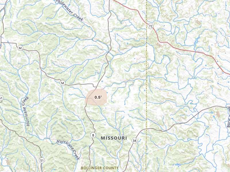 Radar-estimated hail-size map of the storm over Millersville, MO on Jul 6, 2026