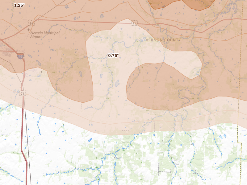 Radar-estimated hail-size map of the storm over Milo, MO on Apr 26, 2026