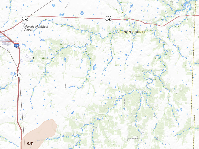 Radar-estimated hail-size map of the storm over Milo, MO on May 31, 2026