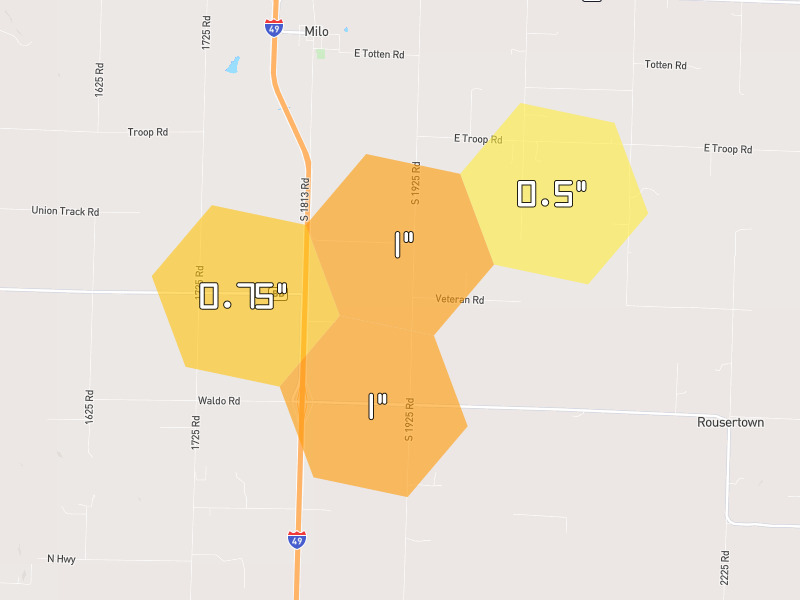 Hail map of Milo, MO on Jun 1, 2026, hail up to 1"