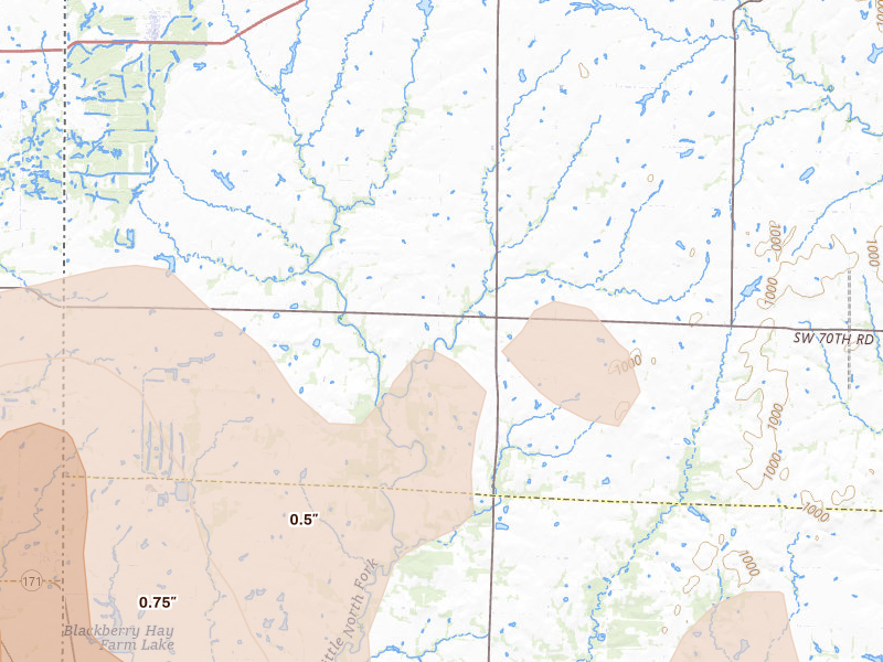 Radar-estimated hail-size map of the storm over Mindenmines, MO