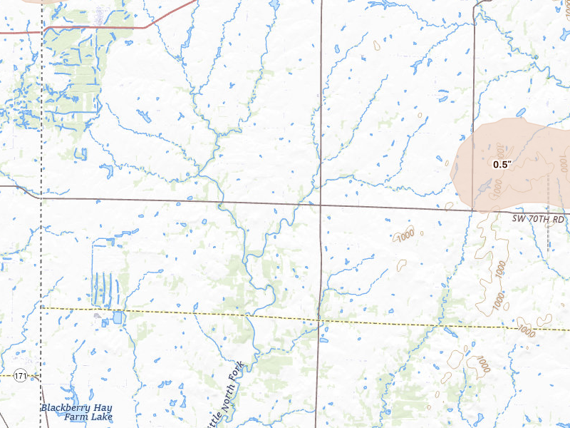 Radar-estimated hail-size map of the storm over Mindenmines, MO on Jul 10, 2026