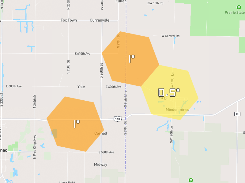 Hail map of Mindenmines, MO on Jul 11, 2026, hail up to 1"