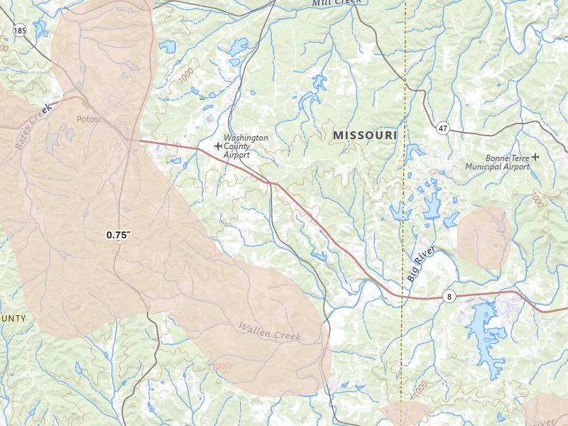 Radar-estimated hail-size map of the storm over Mineral Point, MO on May 31, 2026