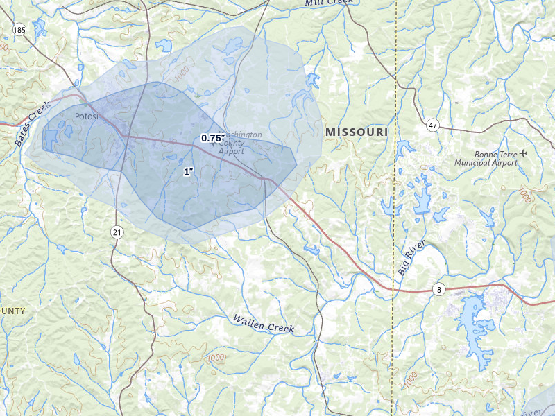 NEXRAD radar-signature map of the hail storm over Mineral Point, MO on Jul 31, 2026