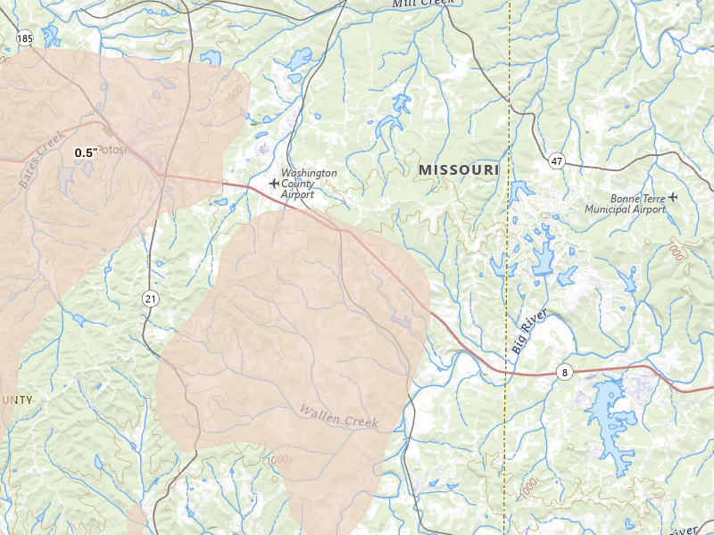 Radar-estimated hail-size map of the storm over Mineral Point, MO on Aug 5, 2026