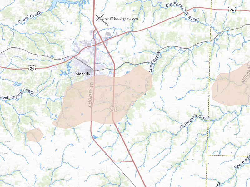 Radar-estimated hail-size map of the storm over Moberly, MO on Apr 13, 2026