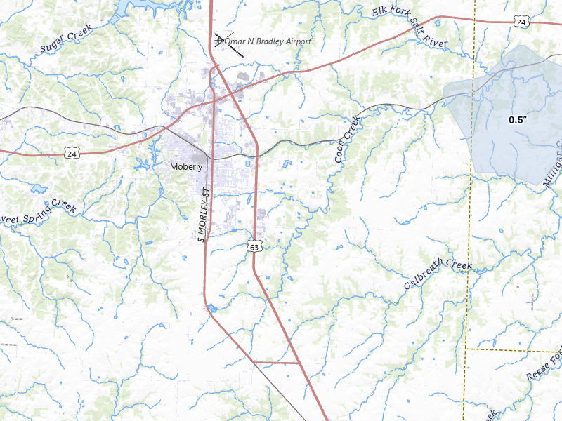 NEXRAD radar-signature map of the hail over Moberly, MO