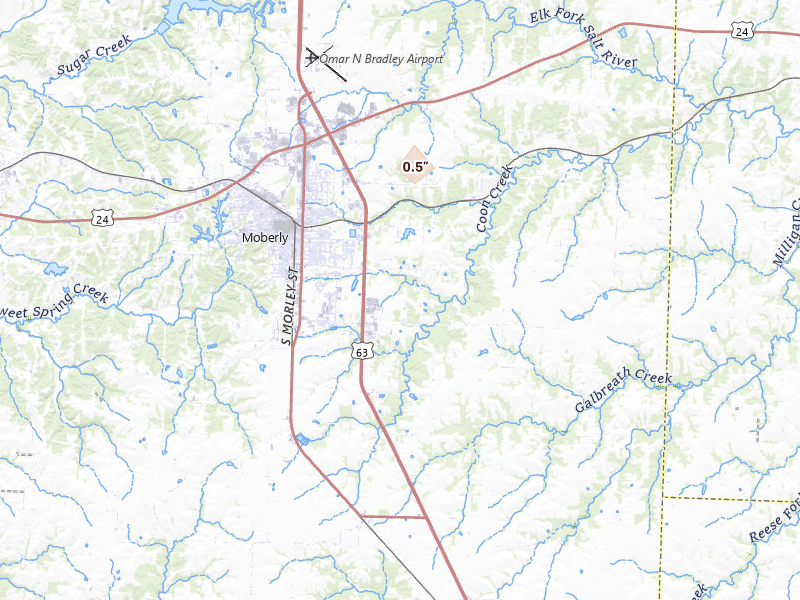Radar-estimated hail-size map of the storm over Moberly, MO on Apr 17, 2026
