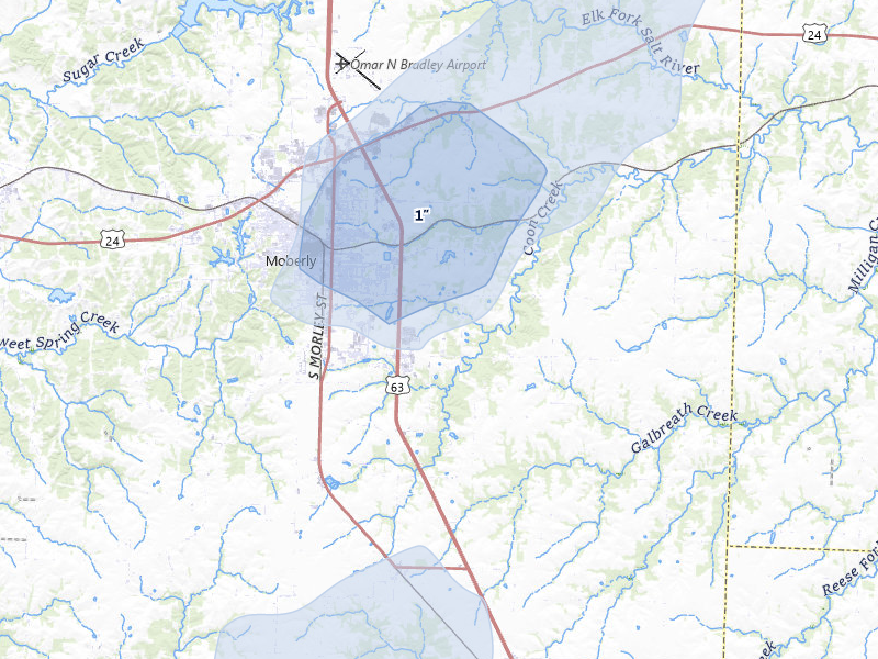 NEXRAD radar-signature map of the hail over Moberly, MO