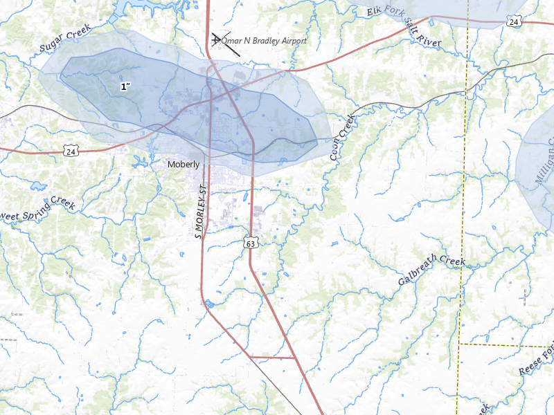 NEXRAD radar-signature map of the hail storm over Moberly, MO on May 4, 2026