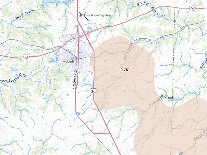 Radar-estimated hail-size map of the storm over Moberly, MO on May 31, 2026