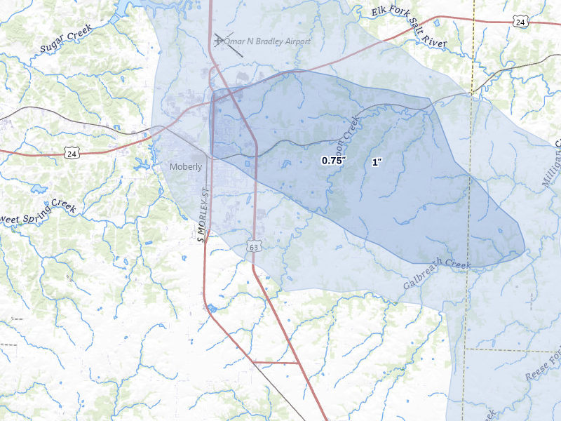 NEXRAD radar-signature map of the hail storm over Moberly, MO on May 31, 2026