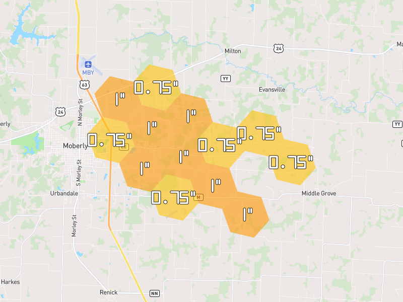 Hail map of Moberly, MO on Jun 1, 2026, hail up to 1"