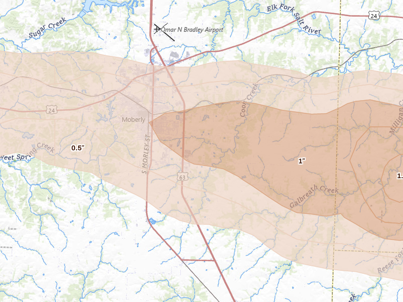 Radar-estimated hail-size map of the storm over Moberly, MO on Jun 17, 2026