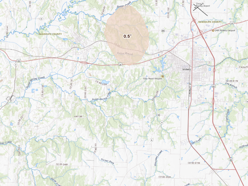 Radar-estimated hail-size map of the storm over Moberly, MO